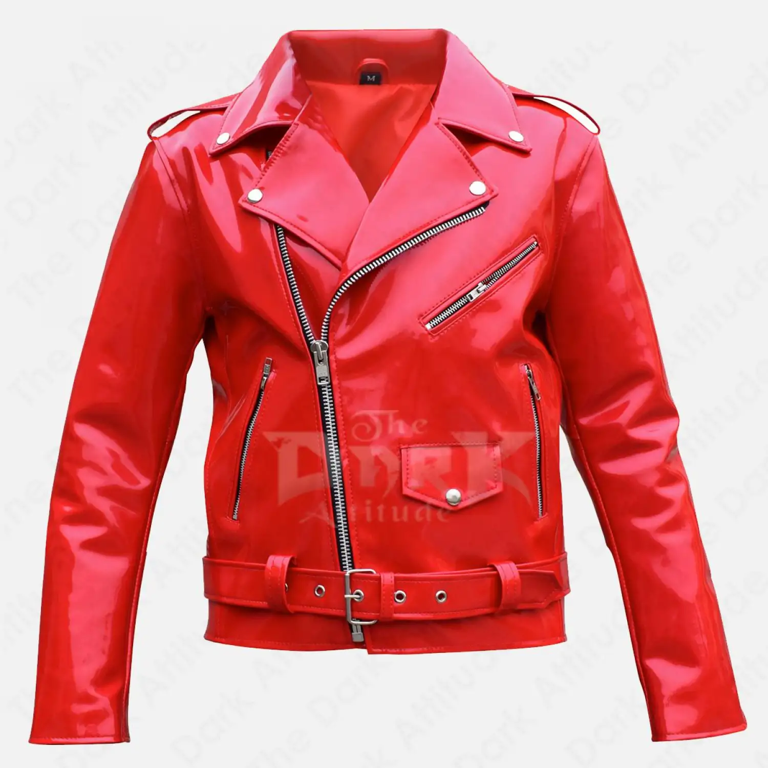 Glossy Gothic Motorcycle Jacket – Red & Blue PVC Biker Style