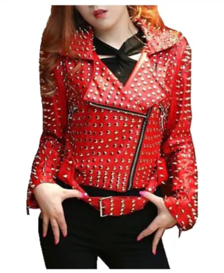 Gothic Spikes Red Leather Jacket Women