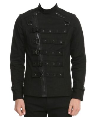Men's Gothic Black Military Jacket with Buckle Straps
