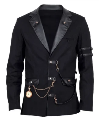 Men's Steampunk Gothic Vintage Military Jacket | Leather Lapels