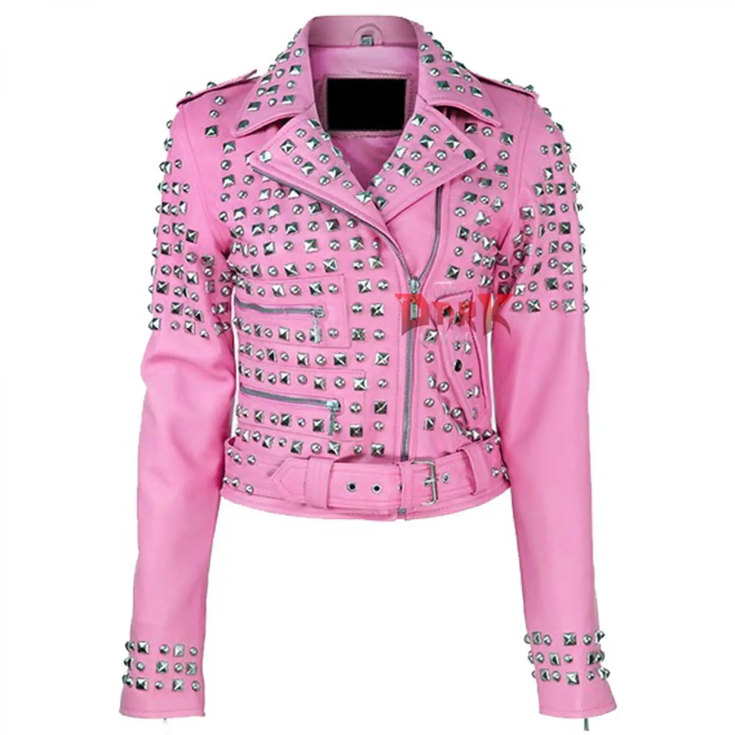 Pink Studded Brando Leather Jacket Women's