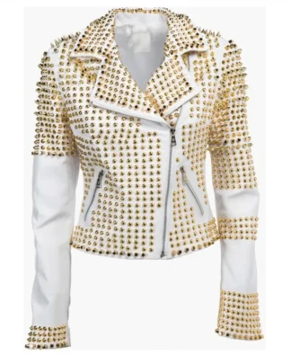 Women Fashion White Leather Gothic Studded Jacket