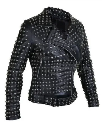 Women Full Studded Jacket Genuine Leather Gothic Jacket