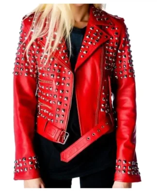 Women Red Genuine Leather Biker Gothic jacket