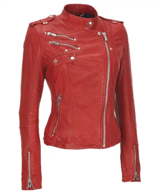 Women Red Genuine Leather Fashion Jacket