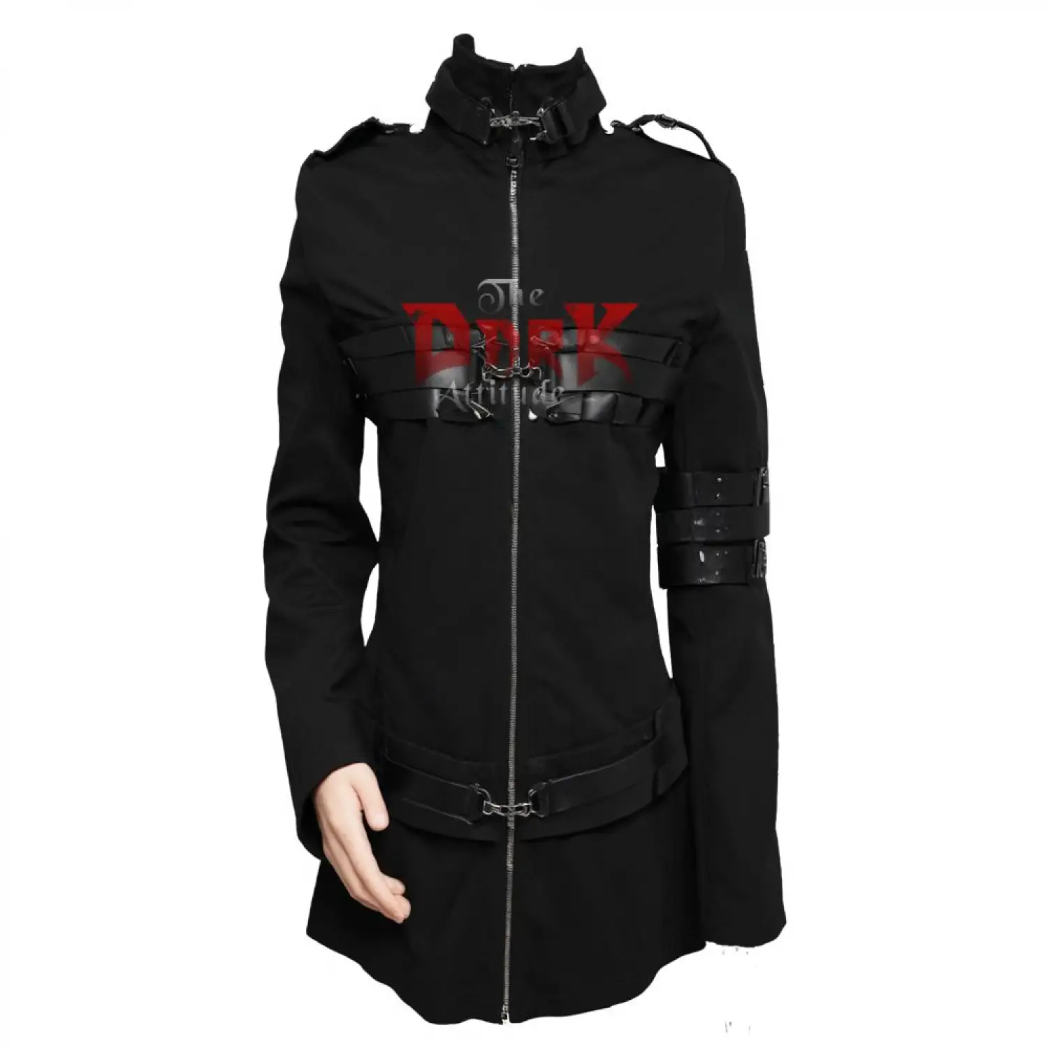 Women's Gothic Military Long Coat with Buckle Straps & Zip Front